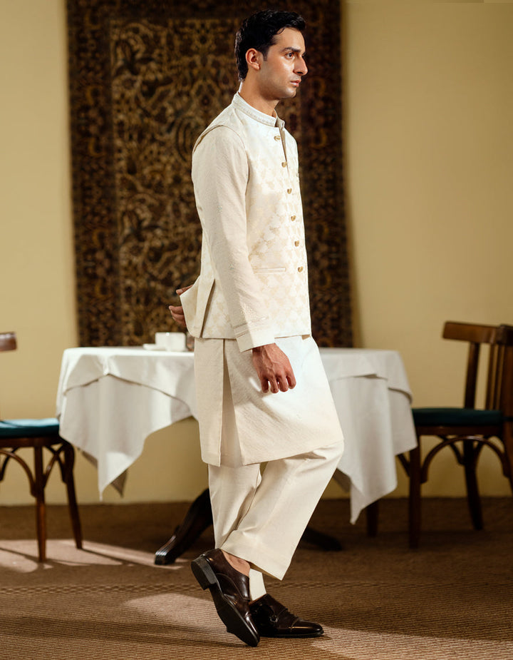 Polyester Cream Waist Coat - J. Junaid Jamshed