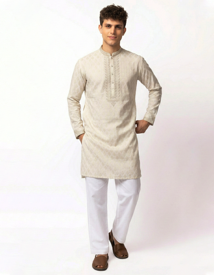 Polyester Cream Special Kurta - J. Junaid Jamshed