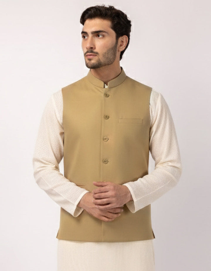 Blended Cream Waist Coat - J. Junaid Jamshed
