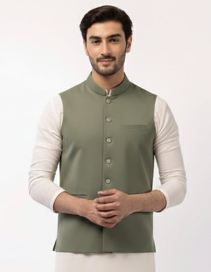 Blended Mint Green Waist Coat - J. Junaid Jamshed