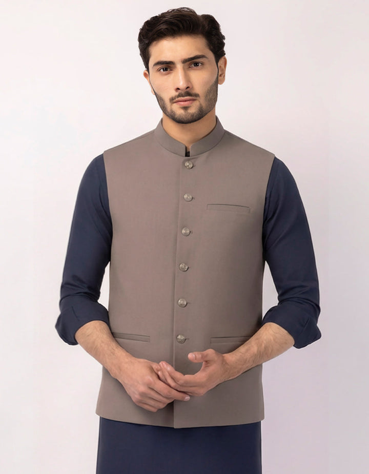 Blended Stone Grey Waist Coat - J. Junaid Jamshed