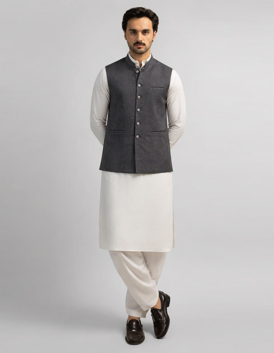 Blended Dark Grey Waist Coat - J. Junaid Jamshed