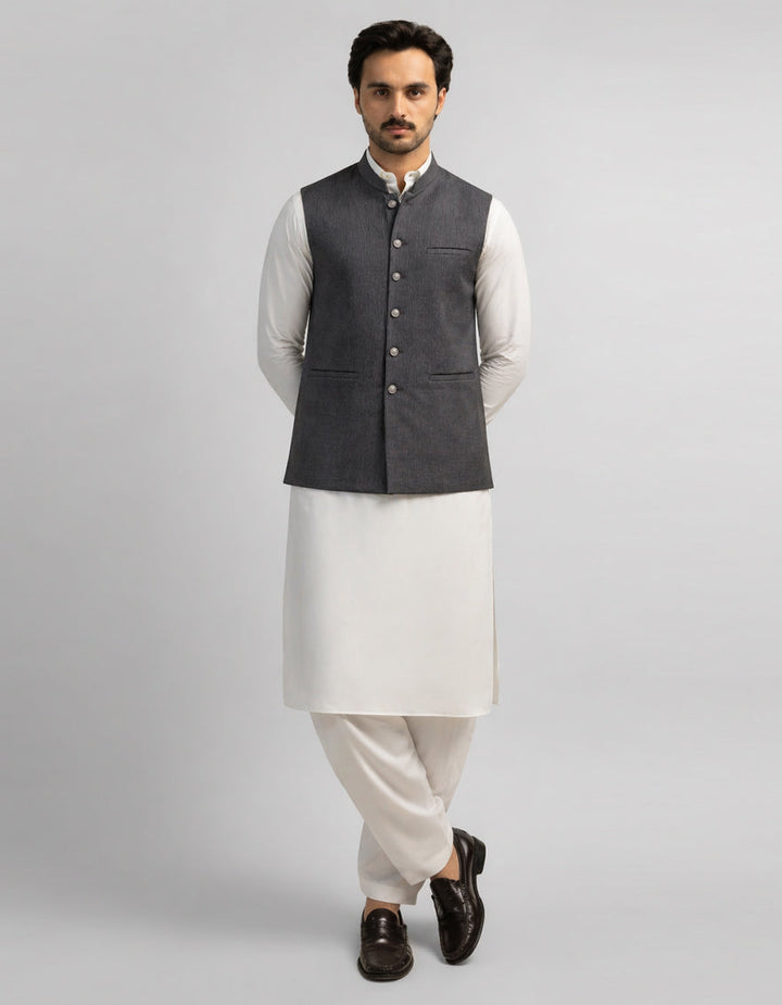 Blended Dark Grey Waist Coat - J. Junaid Jamshed
