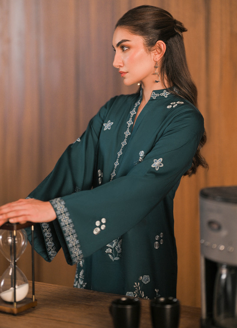 Cotton Satin Teal Green Stitched Suit - Image
