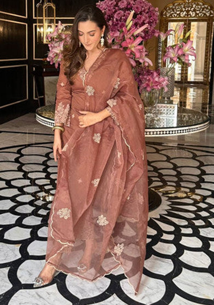 Embroidered Viscose Silk  Brown Stitched Suit - Indya