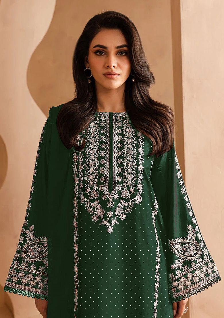 Embroidered Georgette Green Stitched Suit - Indya Janan Embroidered Georgette Green Stitched Suit - Indya Janan