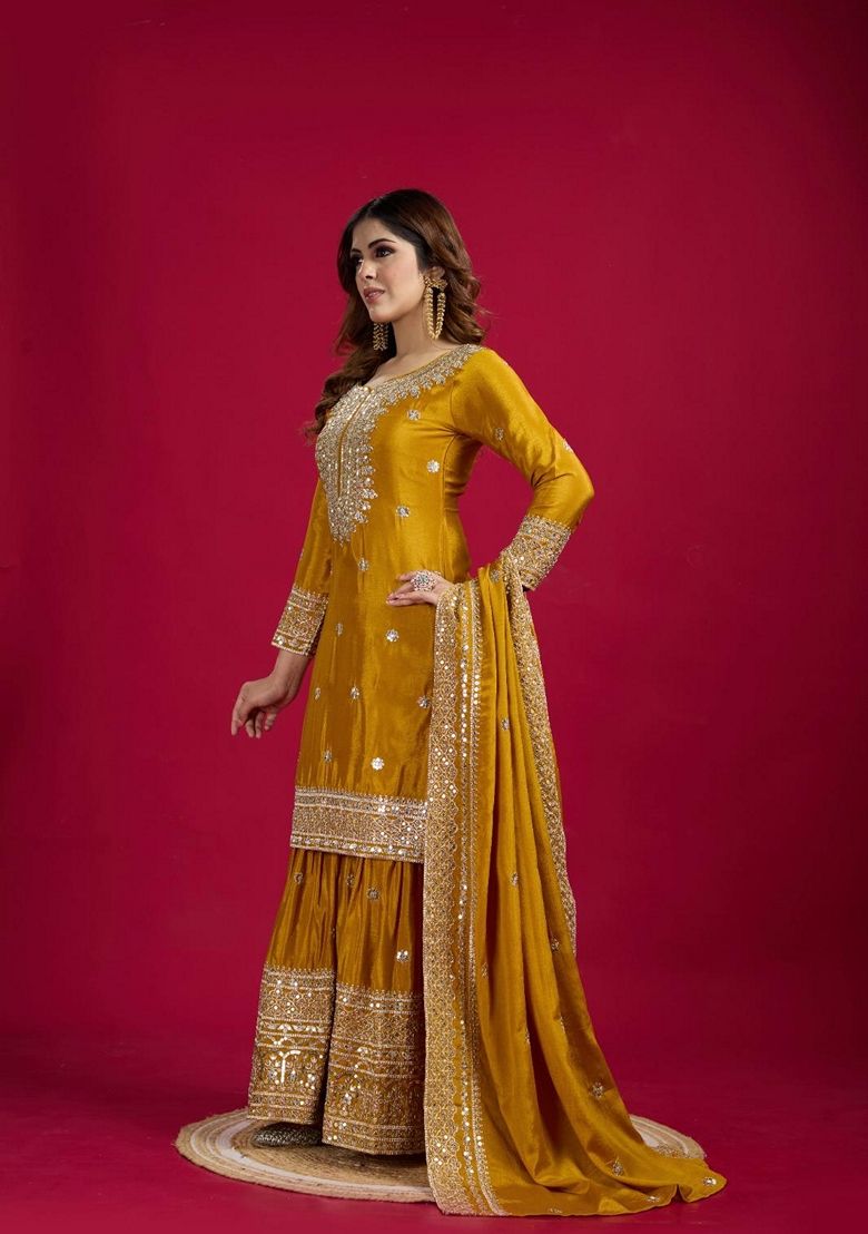Embroidered Chenderi Mustard Stitched Suit - Indya