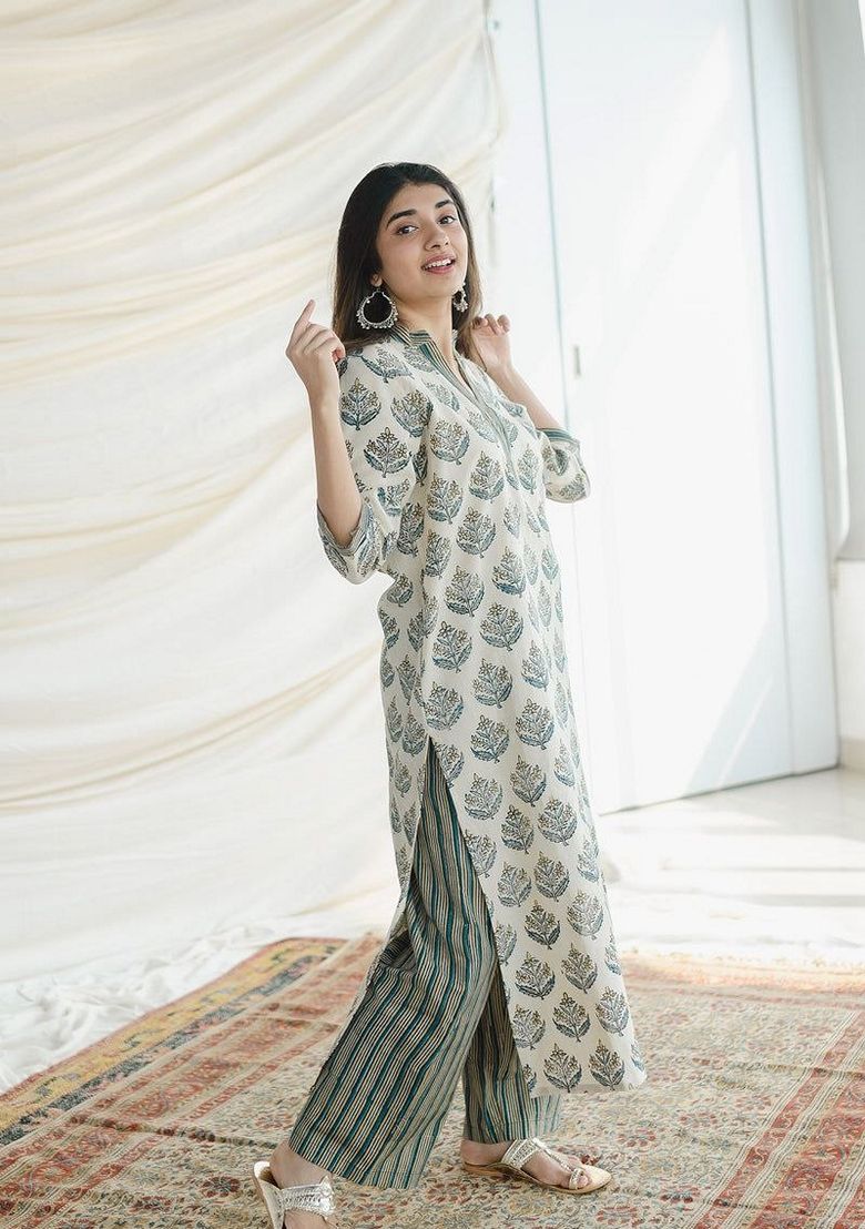 Digital Print Rayon White Stitched Suit - Indya