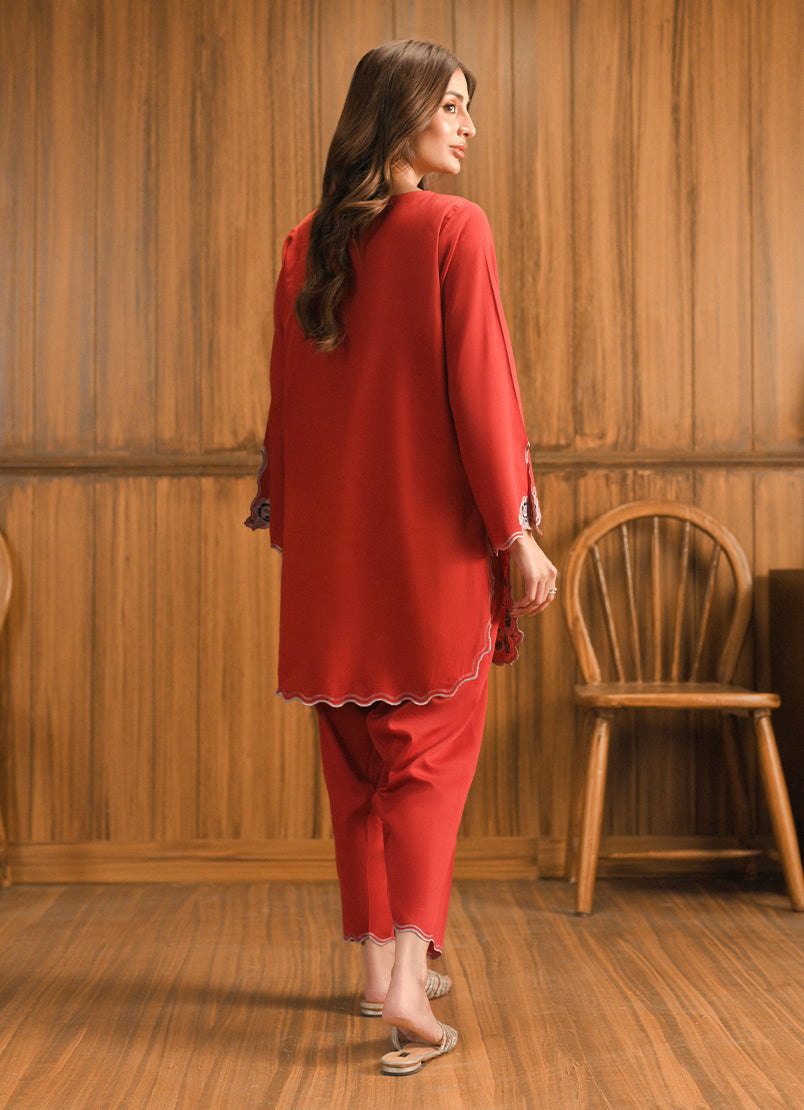 Cotton Satin Red Stitched Suit - Image