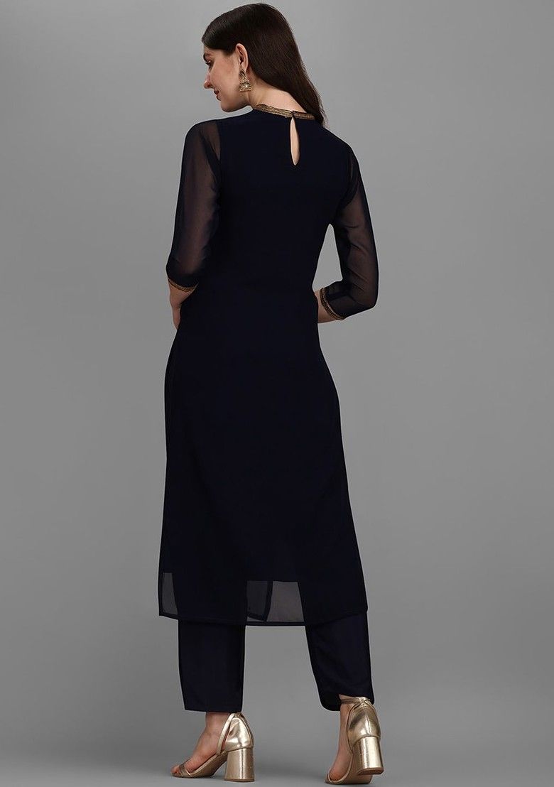Embellished Poly Blend Navy Blue Stitched Suit - Indya