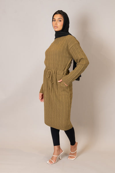 Winter Camel Drawstring Cable Knit Dress