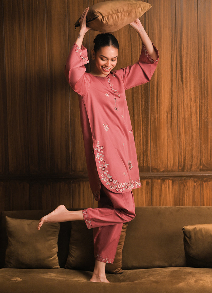 Cotton Satin Pink Stitched Suit - Image