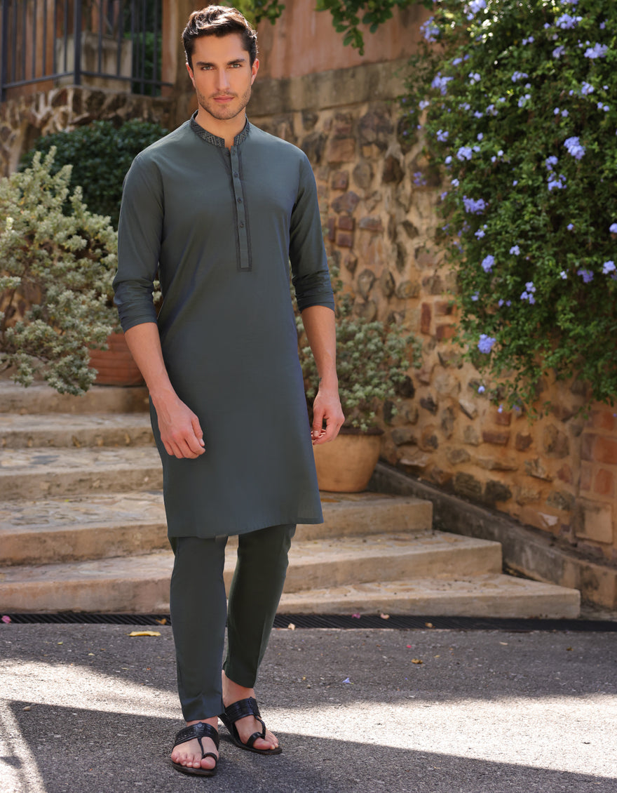 Cotton Green Kurta Trouser - J. Junaid Jamshed
