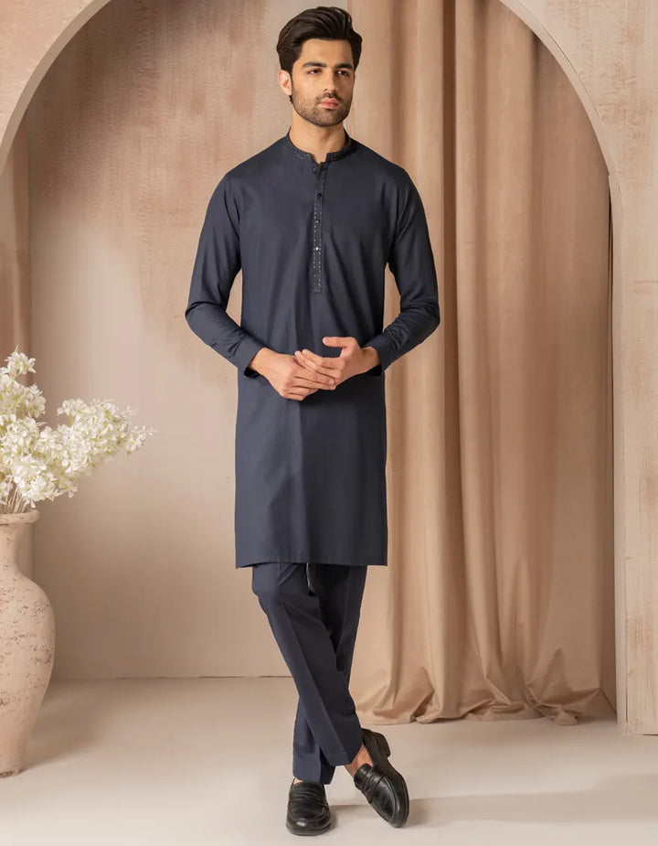 Blended Navy Blue Kurta Trouser - J. Junaid Jamshed