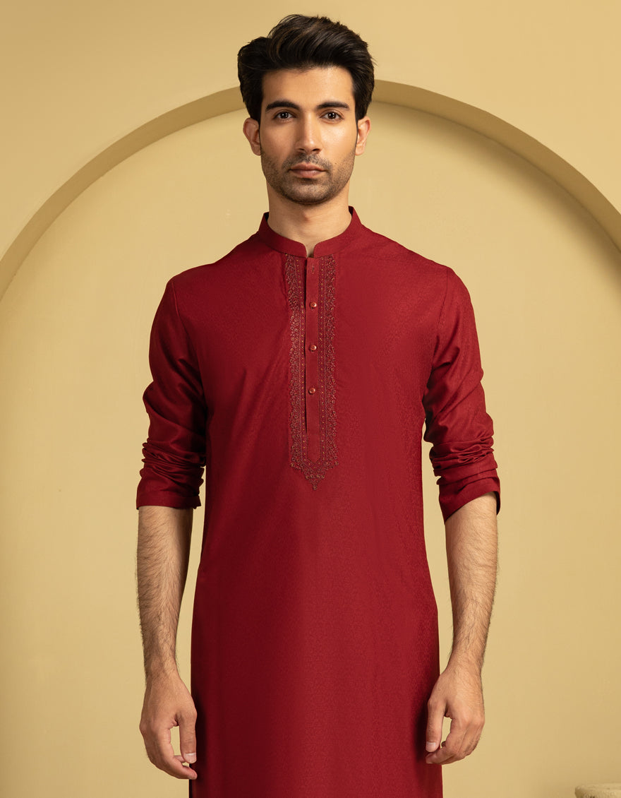 Blended Red Kurta - J. Junaid Jamshed