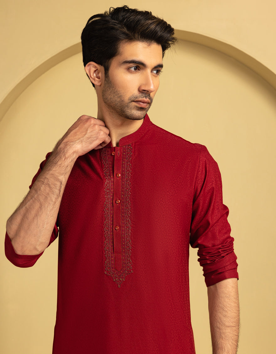 Blended Red Kurta - J. Junaid Jamshed