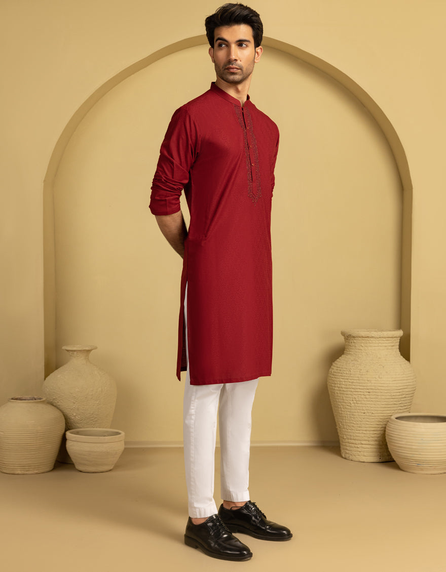 Blended Red Kurta - J. Junaid Jamshed