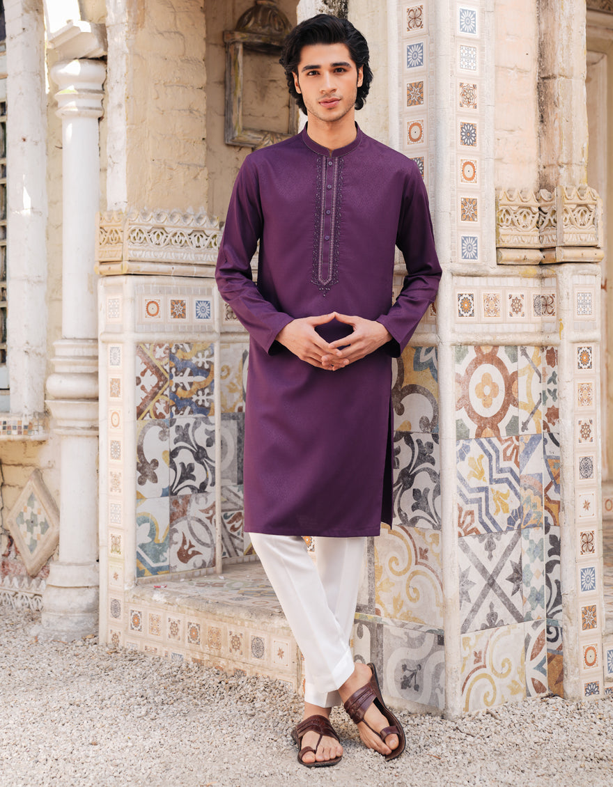 Blended Dark Purple Kurta - J. Junaid Jamshed