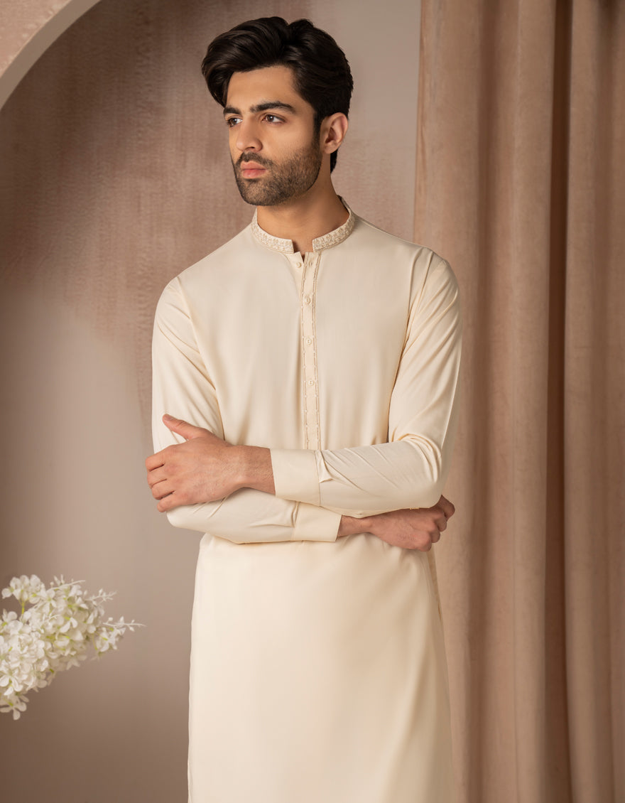 Blended Cream Shalwar Kameez - J. Junaid Jamshed