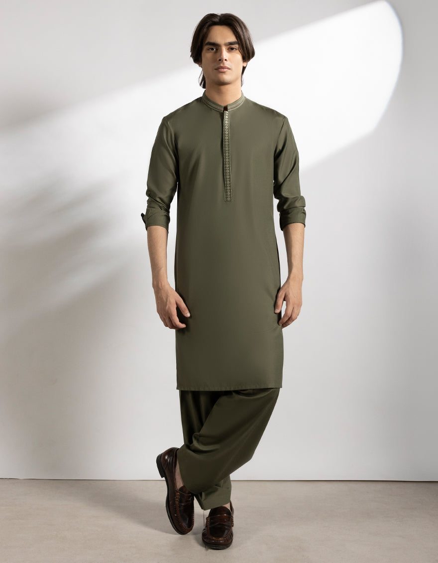 Blended Mehndi Green Shalwar Kameez - J. Junaid Jamshed