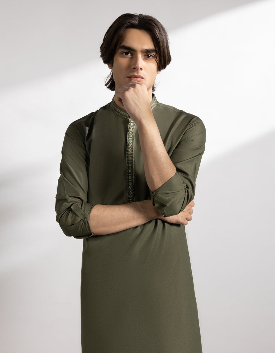 Blended Mehndi Green Shalwar Kameez - J. Junaid Jamshed