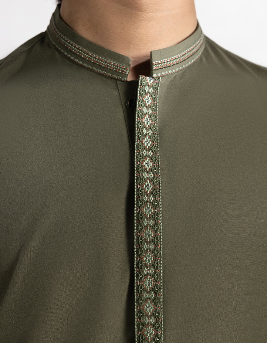 Blended Mehndi Green Shalwar Kameez - J. Junaid Jamshed