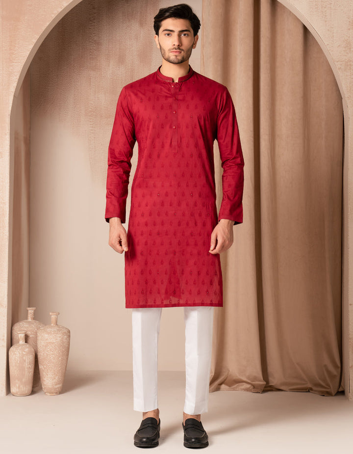 Cotton Maroon Kurta - J. Junaid Jamshed