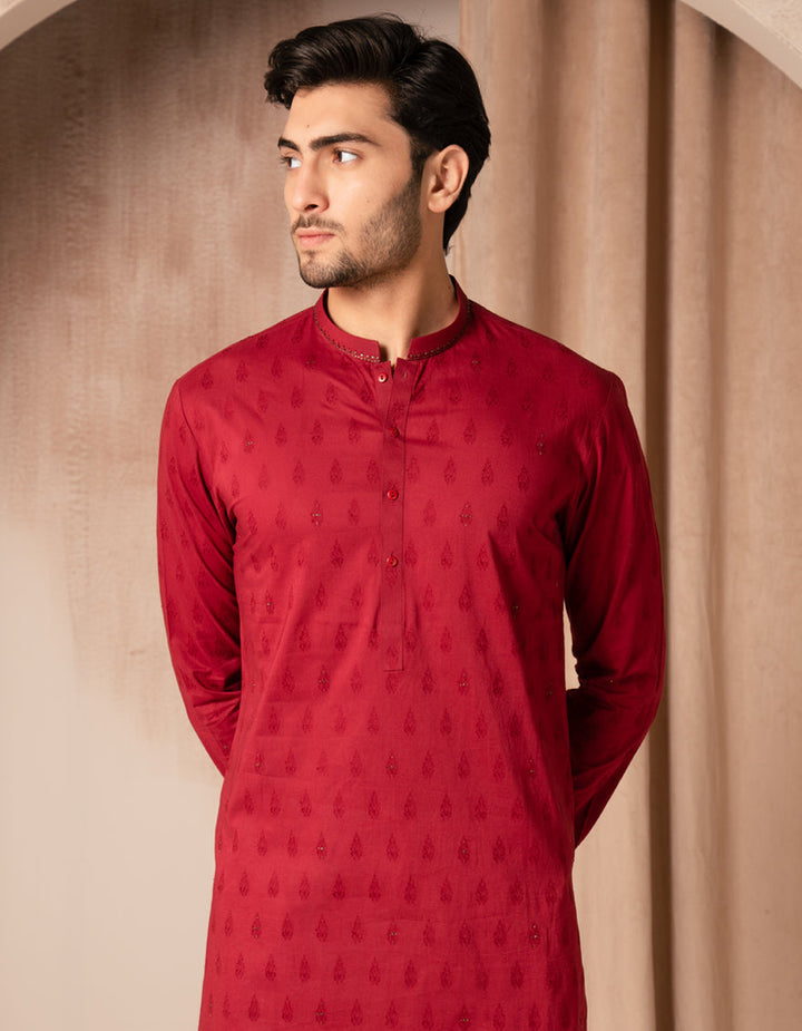 Cotton Maroon Kurta - J. Junaid Jamshed