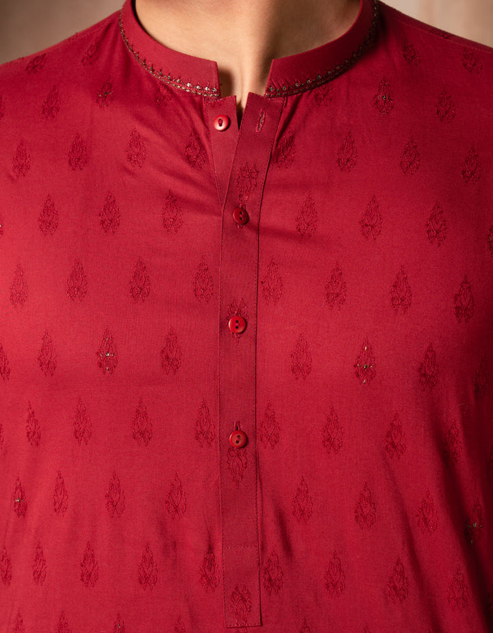 Cotton Maroon Kurta - J. Junaid Jamshed