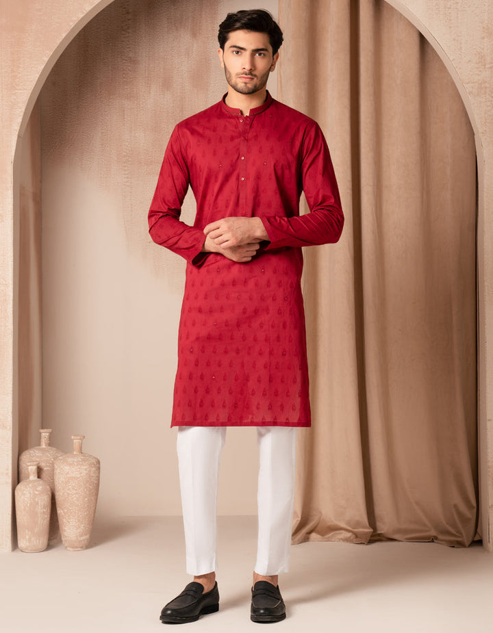 Cotton Maroon Kurta - J. Junaid Jamshed