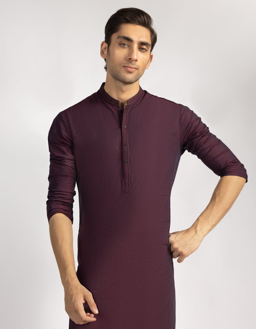 Cotton Maroon Kurta - J. Junaid Jamshed
