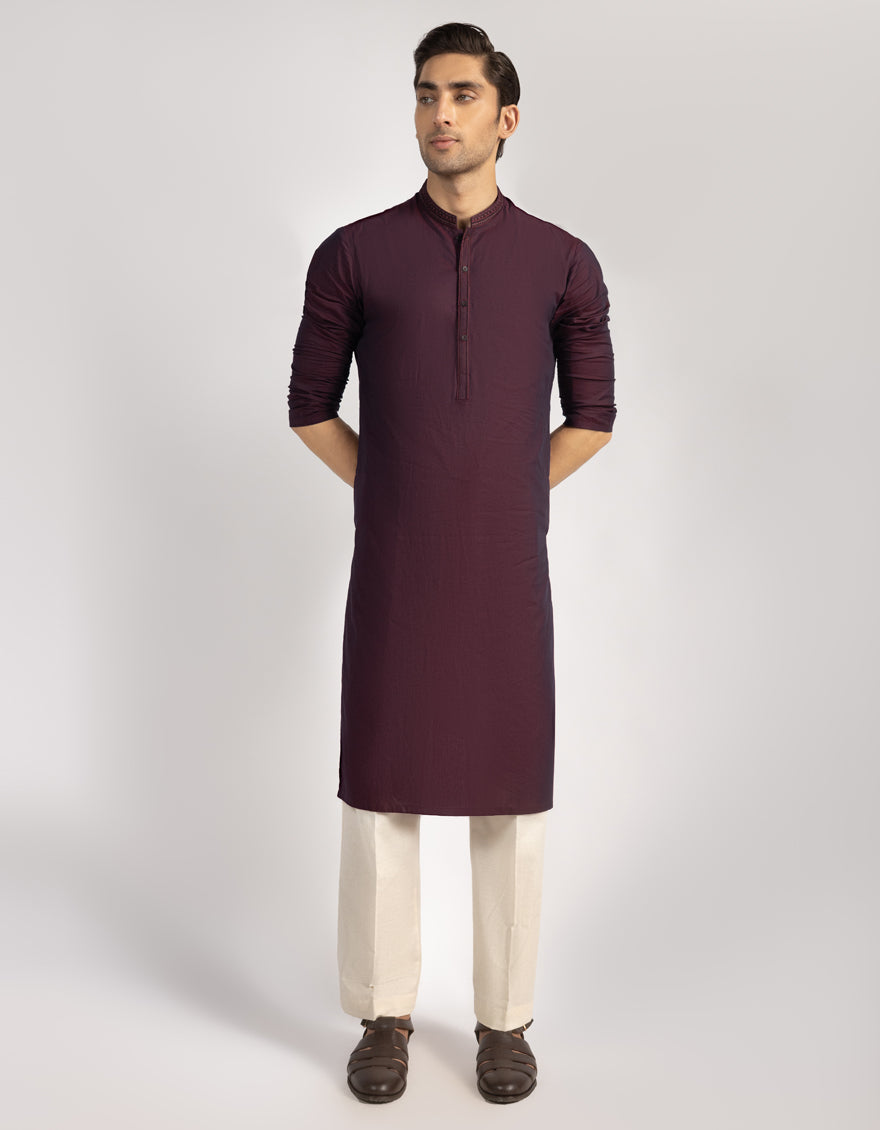 Cotton Maroon Kurta - J. Junaid Jamshed
