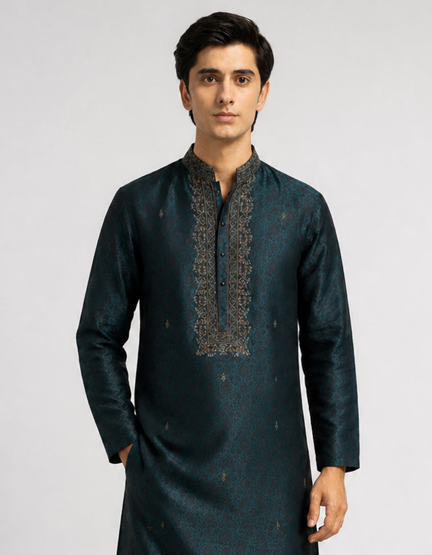 Polyester Bottle Green Special Kurta - J. Junaid Jamshed