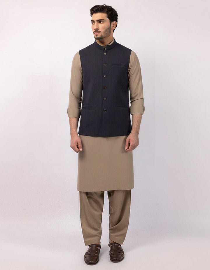 Suiting Navy Blue Waist Coat - J. Junaid Jamshed