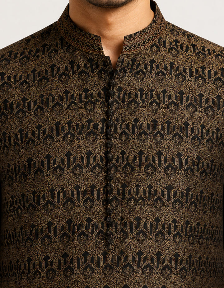 Polyester Black-Beige Special Kurta - J. Junaid Jamshed