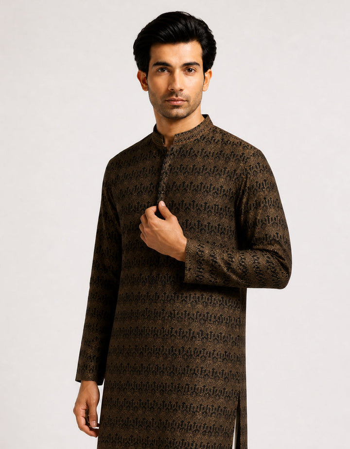 Polyester Black-Beige Special Kurta - J. Junaid Jamshed