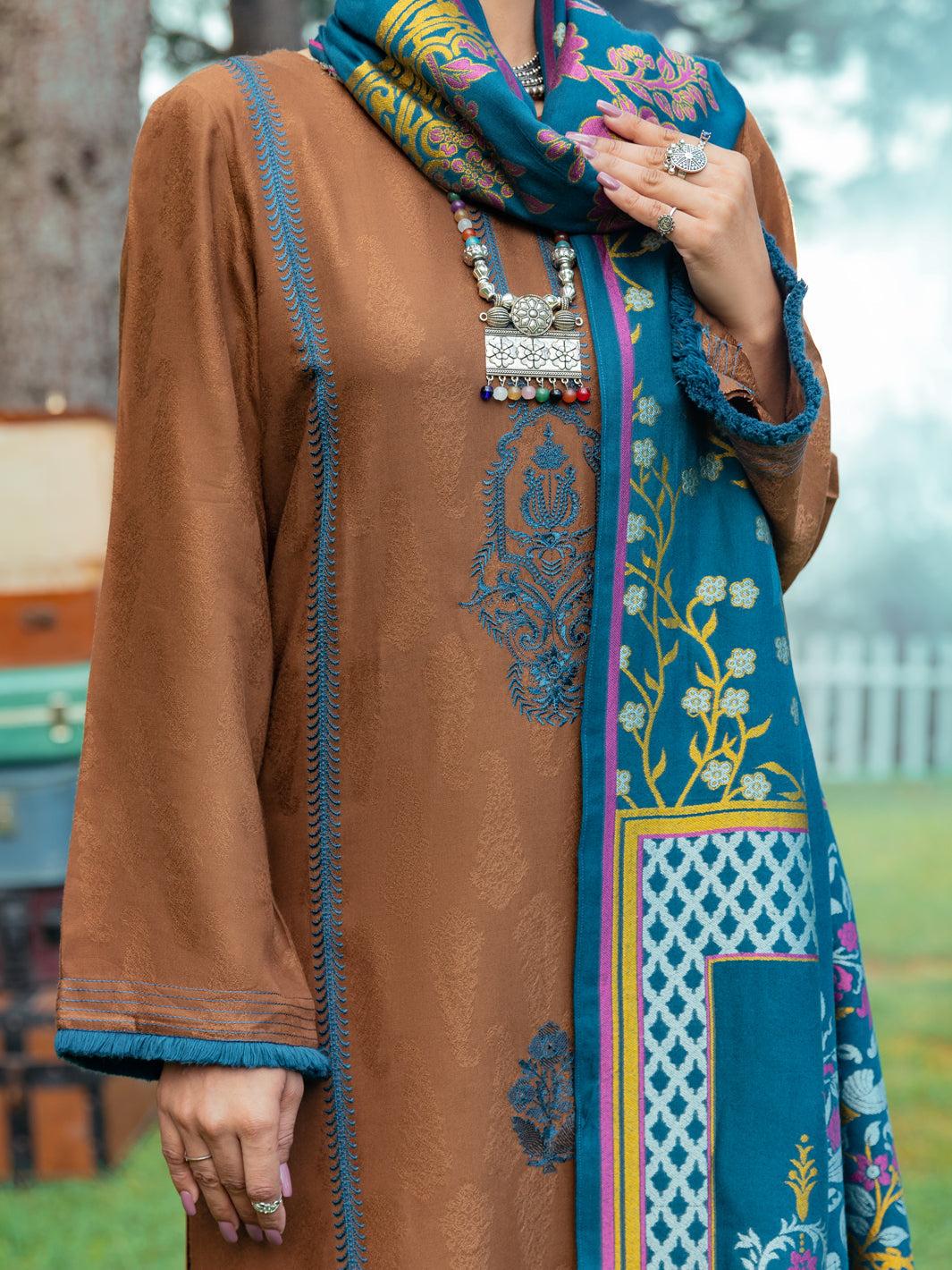 Jacquard Brown Stitched Suit - Almirah