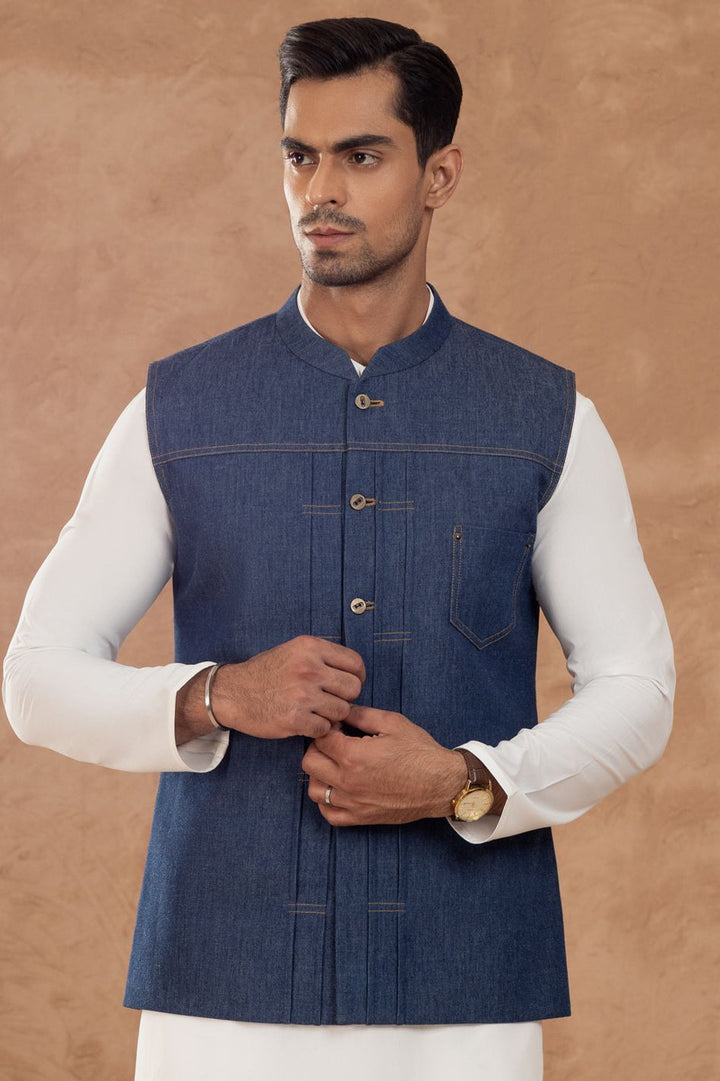 Cotton Blue Waist Coat - Almirah