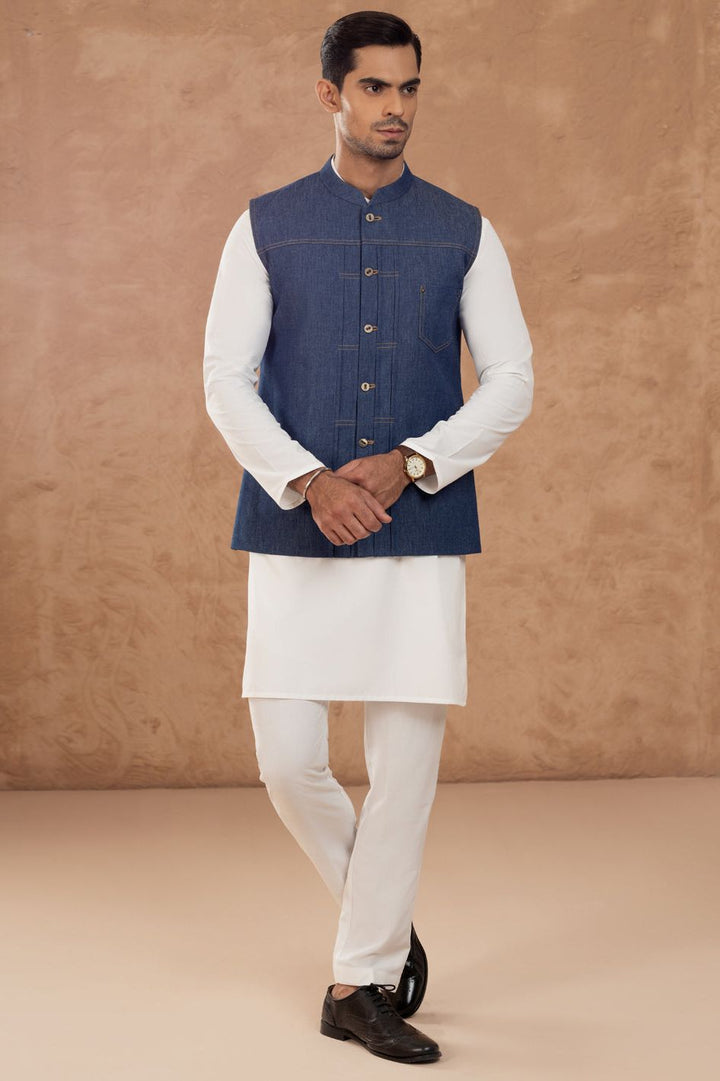 Cotton Blue Waist Coat - Almirah