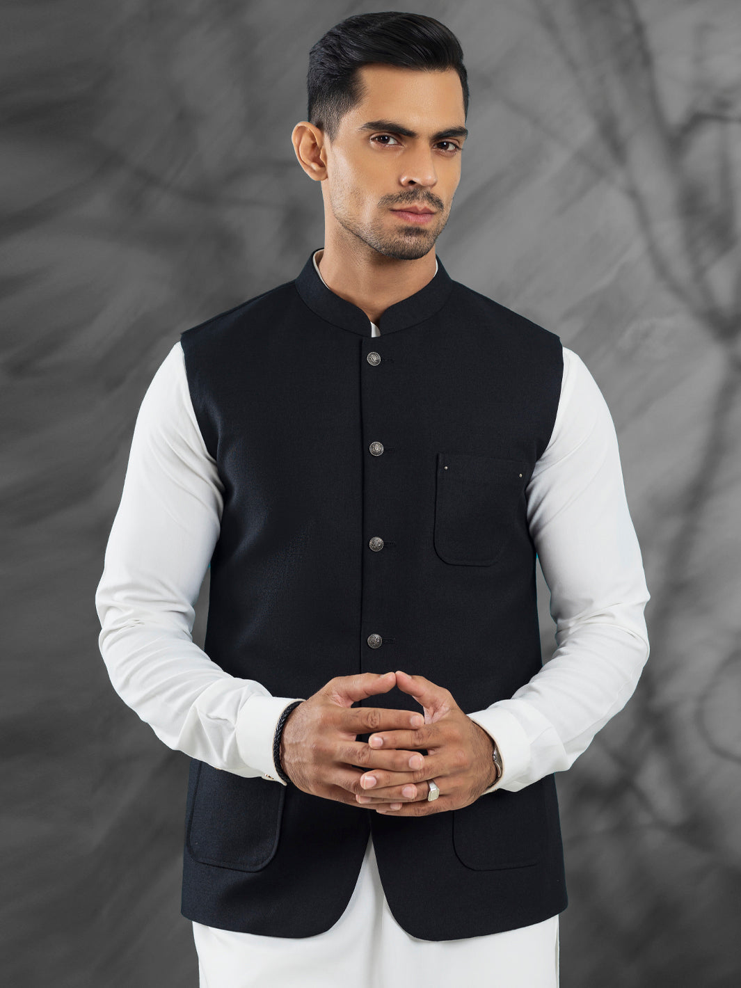 Polyester Viscose Black Waist Coat - Almirah