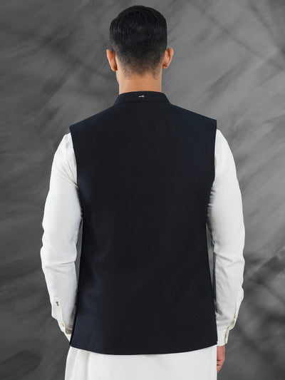 Polyester Viscose Black Waist Coat - Almirah