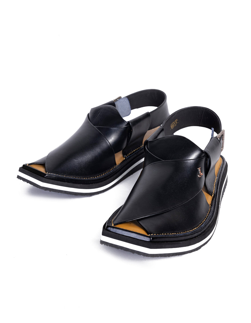 Plain Black Peshawari Chappal - J. Junaid Jamshed