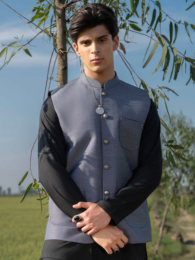 Blended Blue Waist Coat Suit - J. Junaid Jamshed