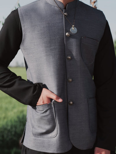 Blended Blue Waist Coat Suit - J. Junaid Jamshed