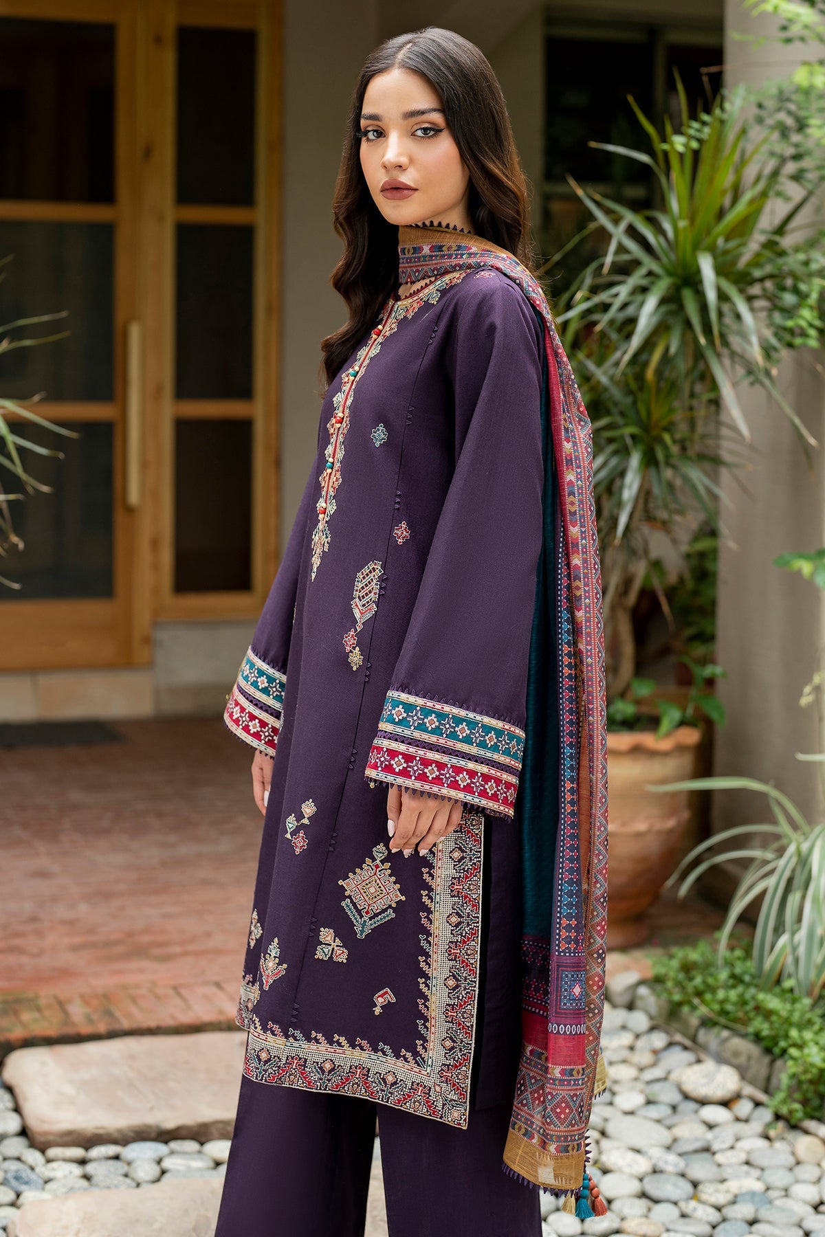 Embroidered Khaddar Purple Stitched Suit - Jazmin