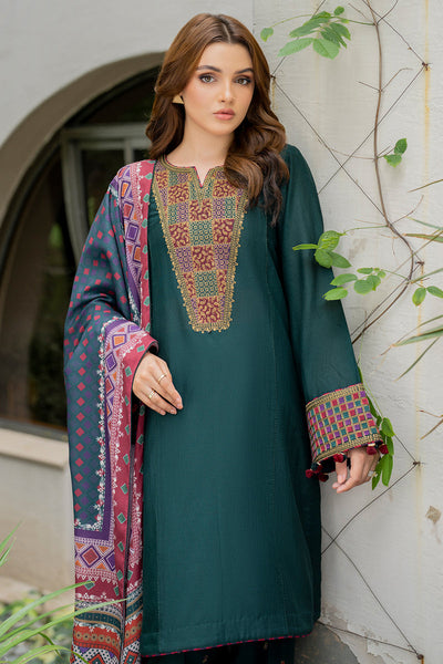 Embroidered Khaddar Green Stitched Suit - Jazmin