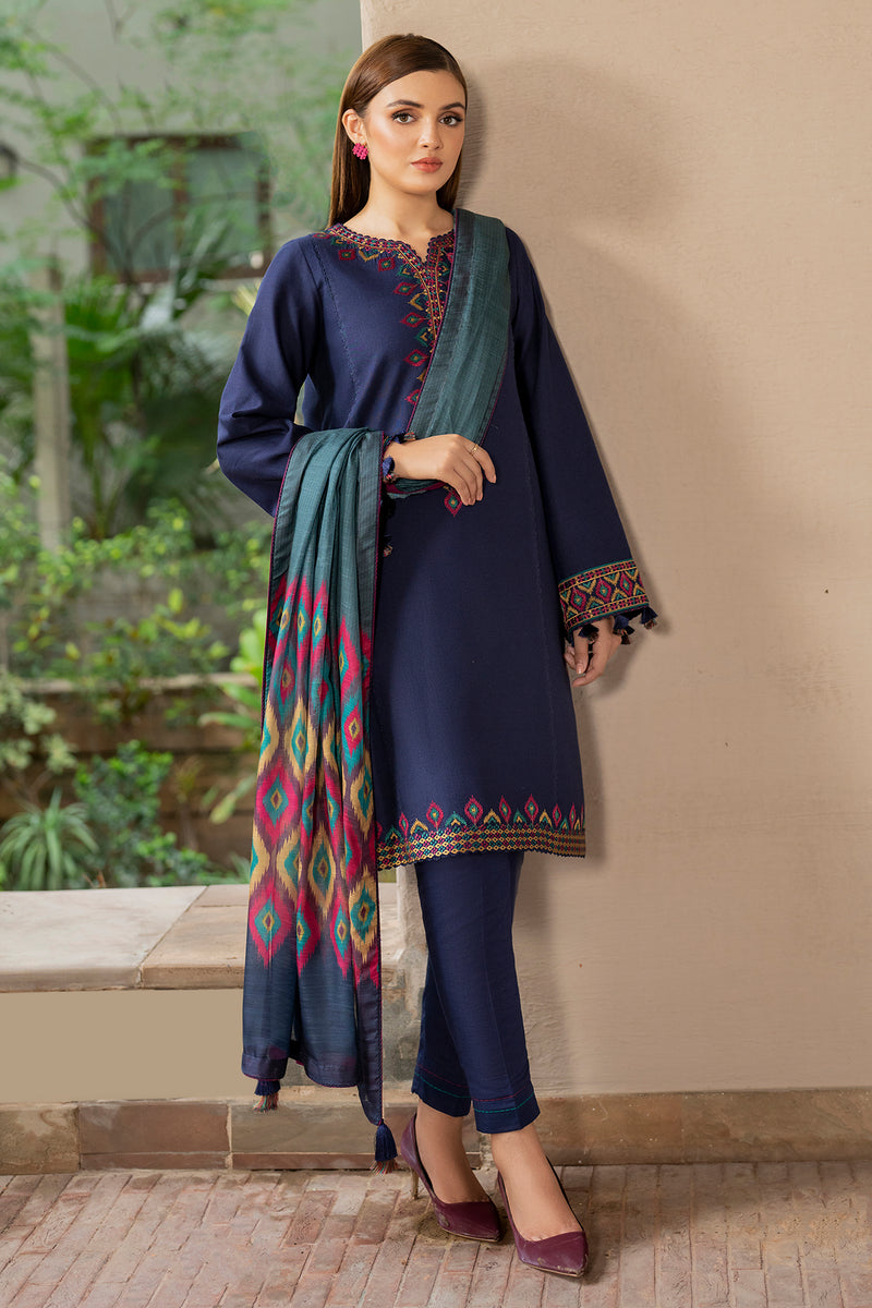 Embroidered Khaddar Blue Stitched Suit - Jazmin