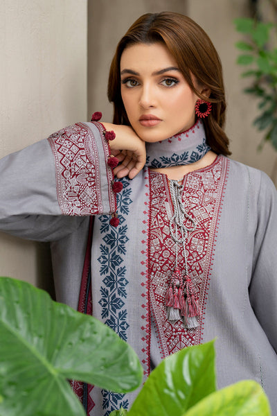 Embroidered Khaddar Grey & Red Stitched Suit - Jazmin