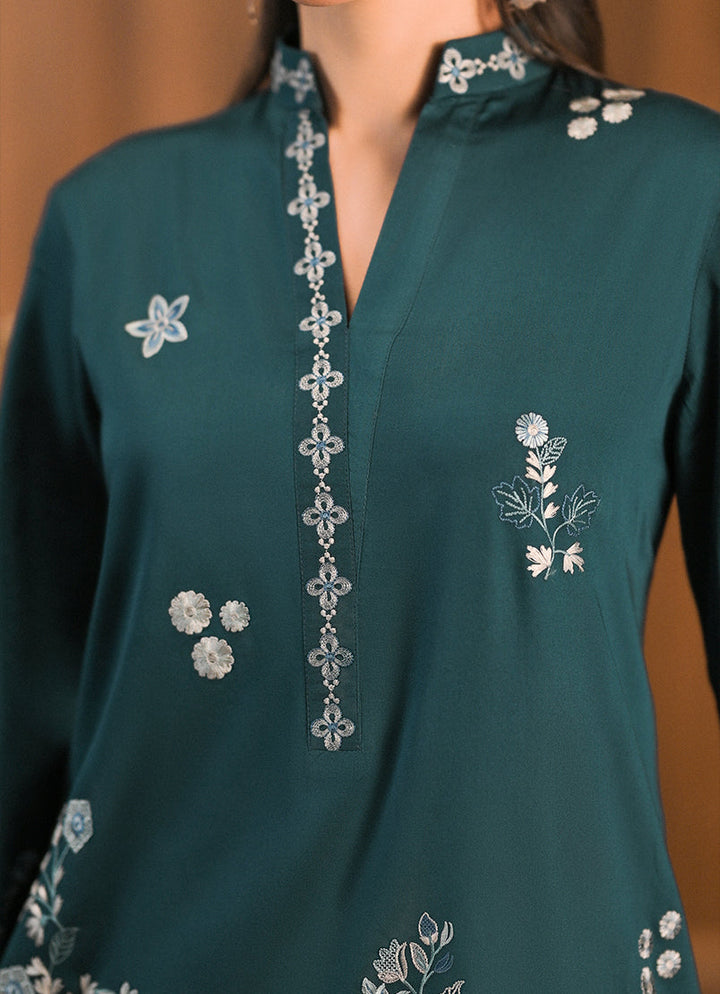 Cotton Satin Teal Green Stitched Suit - Image