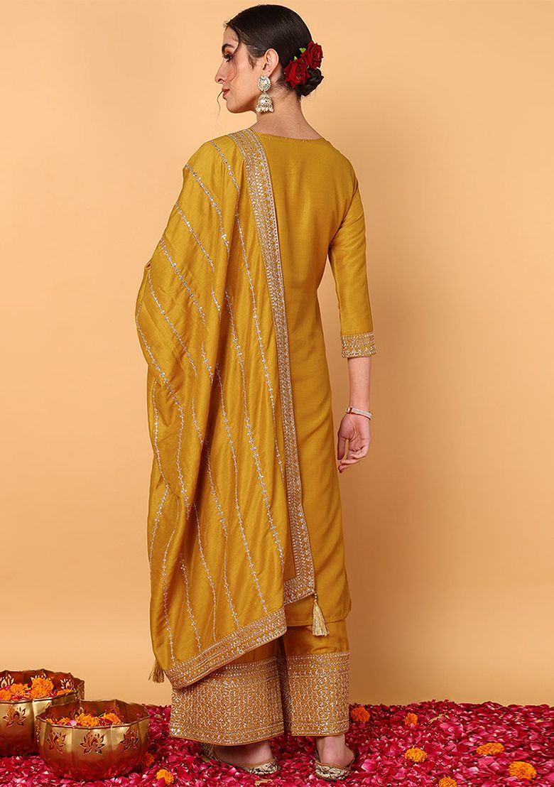 Embroidered Silk Mustard Stitched Suit - Indya